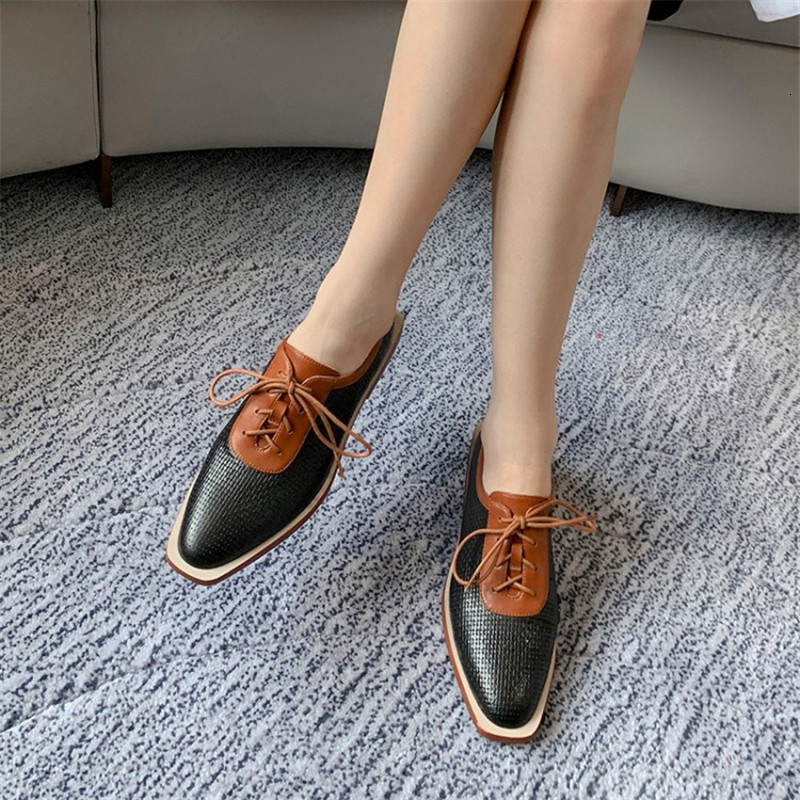 

Sandals spring/autumn genuine leather shoes square toe lace down heels mixed colors oxford casual pumps women's J4JR, 1# shoe box