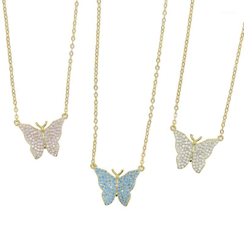

Pink Blue White Cubic Zirconia CZ Butterfly Pendant Necklace Gold Color Animal Design Women Jewelry Chains