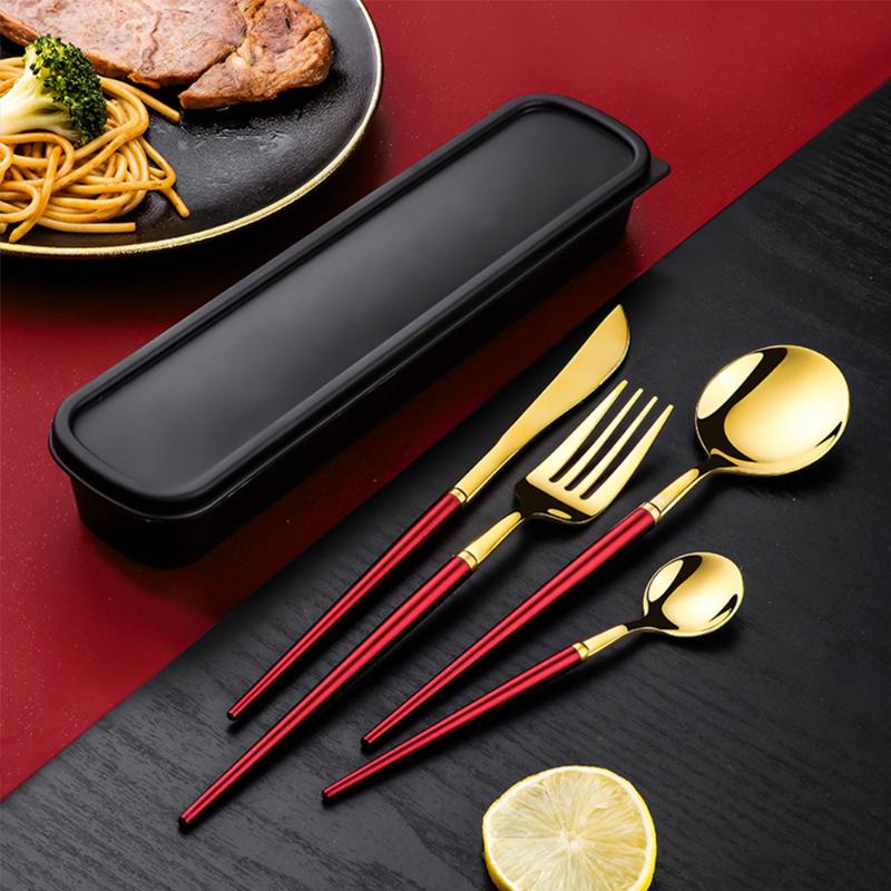 

Dinnerware Sets 4PCS Stainless Steel Cutlery Set Gold Knife Fork Spoon Portable With Case Household Dinner Tool Kitchen Accessories