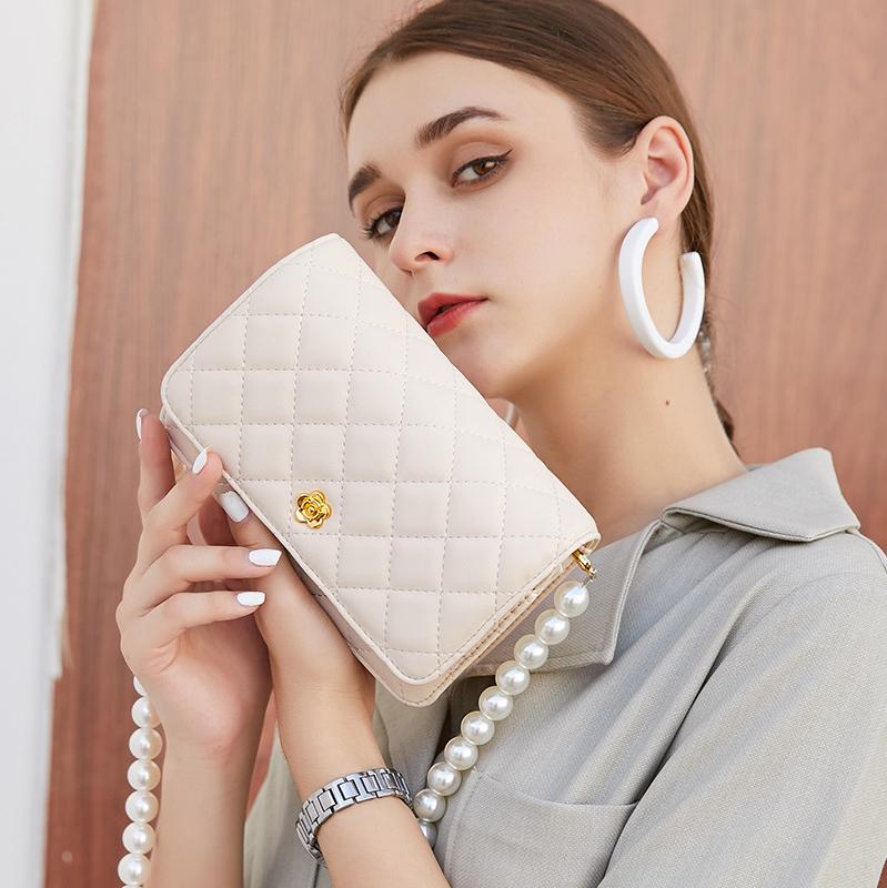 

Shoulder Bags Genuine Leather Handbags 2021 One-shoulder Diagonal Small Fragrant Style Diamond Bag Net Red Pearl Chain Square, White