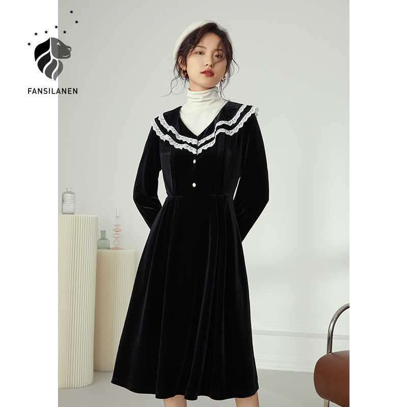 

FANSILANEN Ruffle vintage velvet long black dress Women autumn winter sexy veck lace party Female slim club elegant 210607