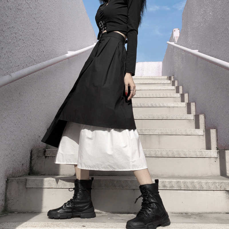 

Vintage dark summer women Asymmetrical empire Ulzzang punk streetwear long loose casual Harajuku Gothic stitching ins skirt 210608, Black