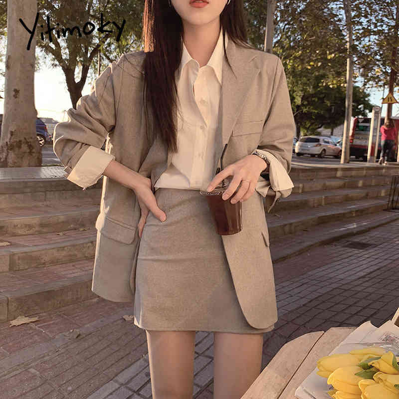 

Formal Skirt Suits for Women 2 Piece Set Long Sleeve Pockets Turn-down Collar Spring Skirts Professional Clothes 210519, Khaki