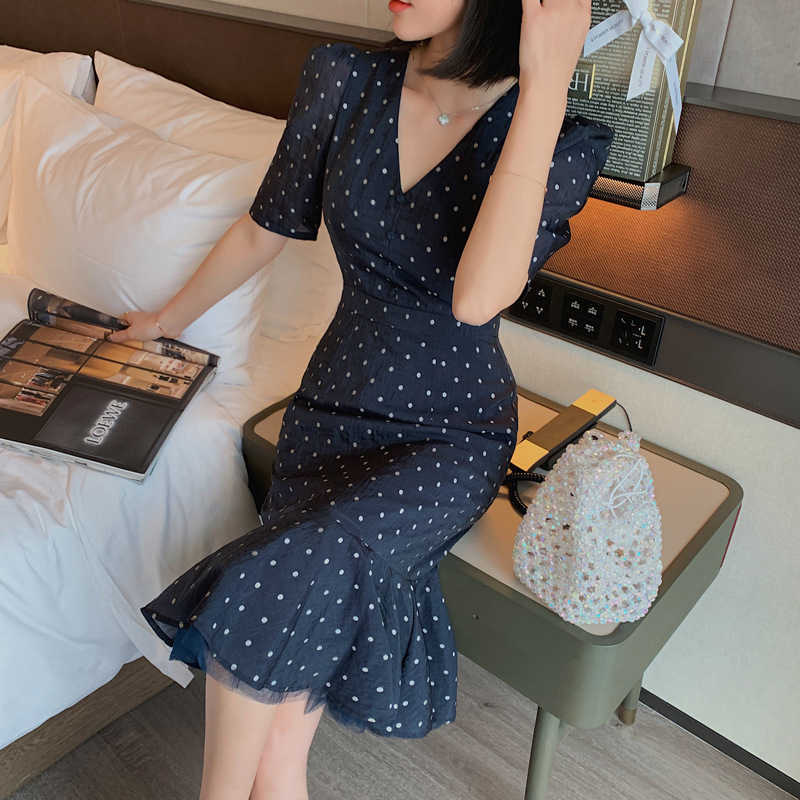 

summer women's retro polka dot slim slimming bubble sleeve fishtail temperament dress Office Lady Polyester 210603, Clear