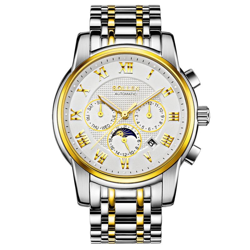 

Wristwatches Business Multi-function Automatic Mechanical Watches Steel Belt Men's Watch Waterproof Scratch-resistant Luminous SL802, All black