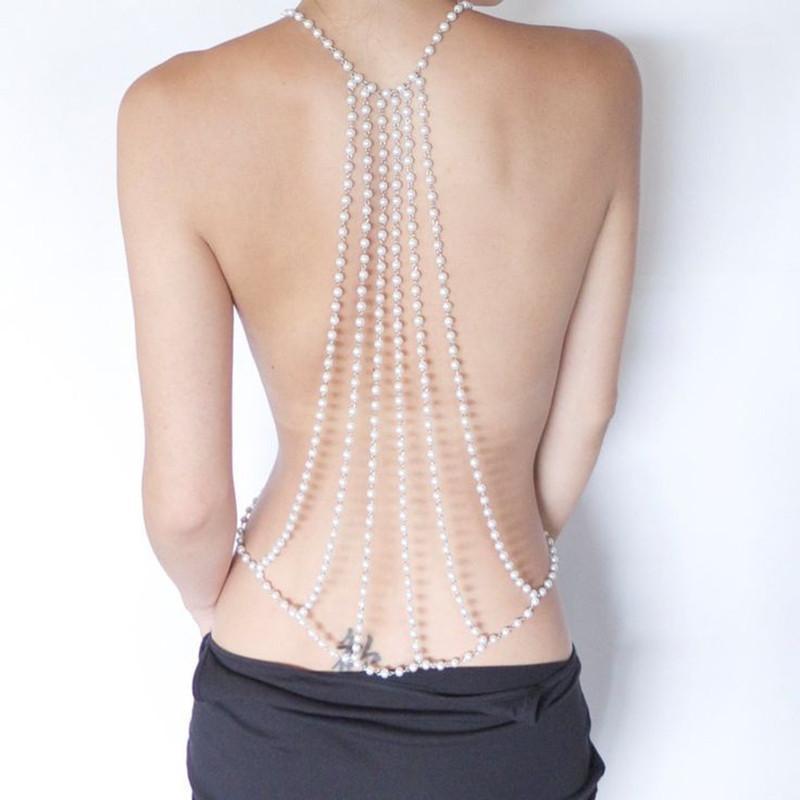 

Chains P0239 Fashion Women Imitation Pearl Beads Back Chain Necklace Jewelry Female Body Jewellery Clothing Accessories