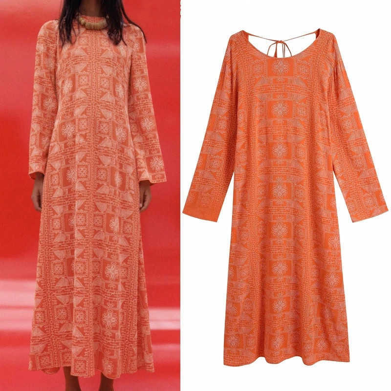 

Za Vintage Print Backless Summer Dress Women Long Sleeve O Neck Sexy Evening Party Dresses Female Chic Pleat Long Dress 210602, Orange