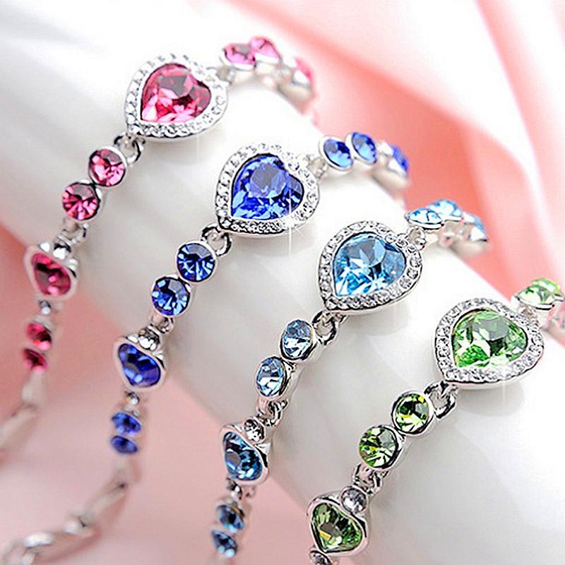 

Link, Chain Fashion Luxury Elegant Bllue Red Crystal Heart Bracelet Single Row Silver Color Zirconia Alloy Bracelets For Women