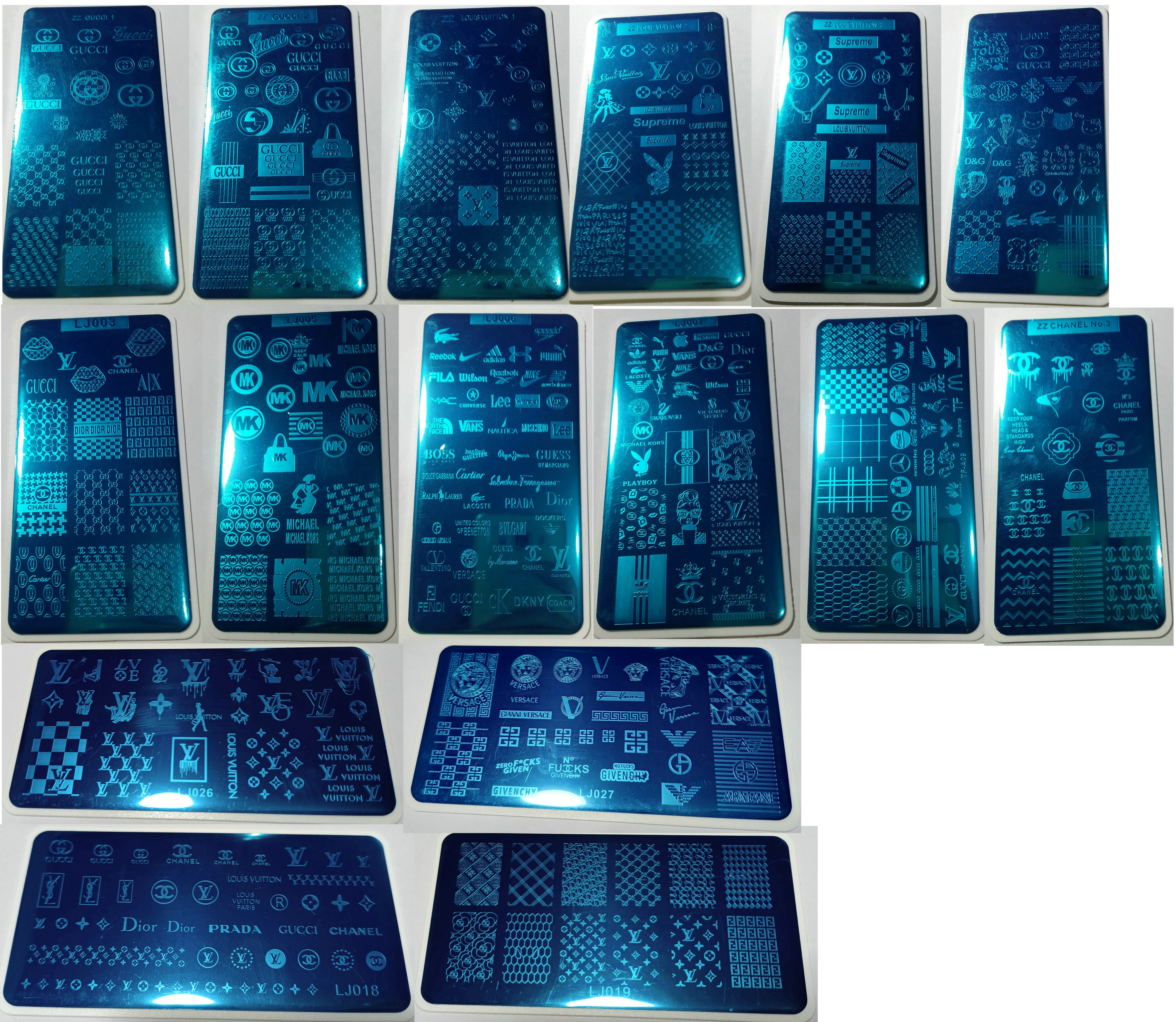 

NEWEST ~ 16pcs Luxury Brand LOGO Designs Nail Art Stamping Plate Stamp XL BIG Full French Design Image Stencil Transfer Polish Print Template with Plastic Sheet