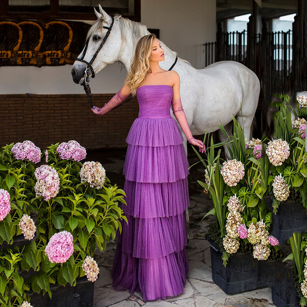 

Purple Strapless Tiered A Line Evening Party Dres Tulle Prom Formal Gown Celebrity Wear Robe De Soiree Vestidos Fiesta, Picture color