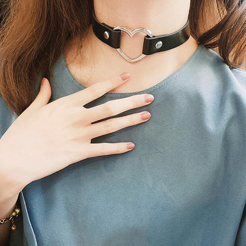 

Chokers Doreen Box Punk Style Heart Metal Transparent/Black PU Leather Collar Choker Necklace Set Adjustable For Women Jewelry, 2PCs/Set