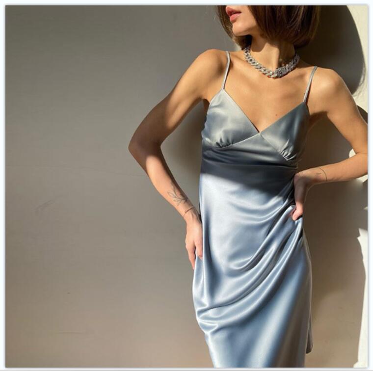 

2021 Women Satin Deep V Neck Sexy Dress Solid Straight Pajamas Party Dress Elegant Female Summer Spaghetti Strap Dress Casual #261, Black