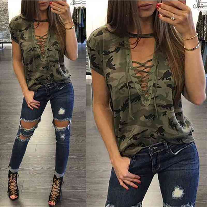 

Casual Loose Women' Printed T-Shirts Camouflage Short-Sleeved Deep V-Neck Lace-Up Hollow T-Shirt For Women Camisetas De Mujer 210517