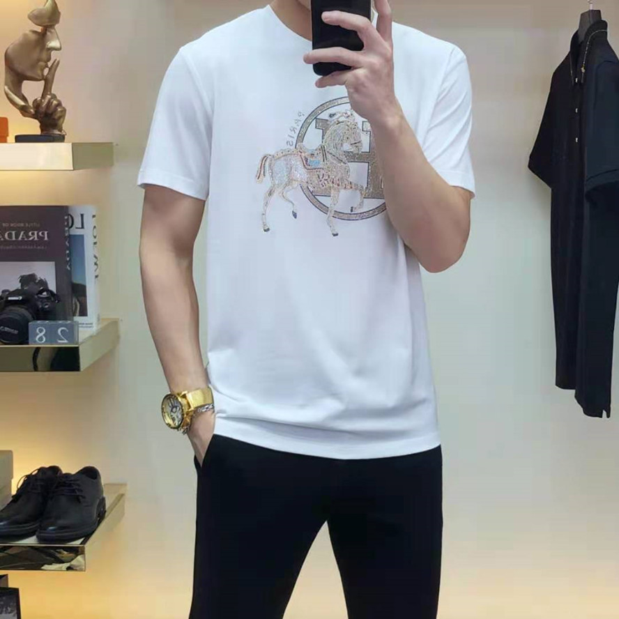 2021 High Quality Men&#039;s T-shirts and Polo Shirts Casual Horse Pattern Couples Short Sleeve Mercerized Cotton Top Blue M-3XL-image-707685495