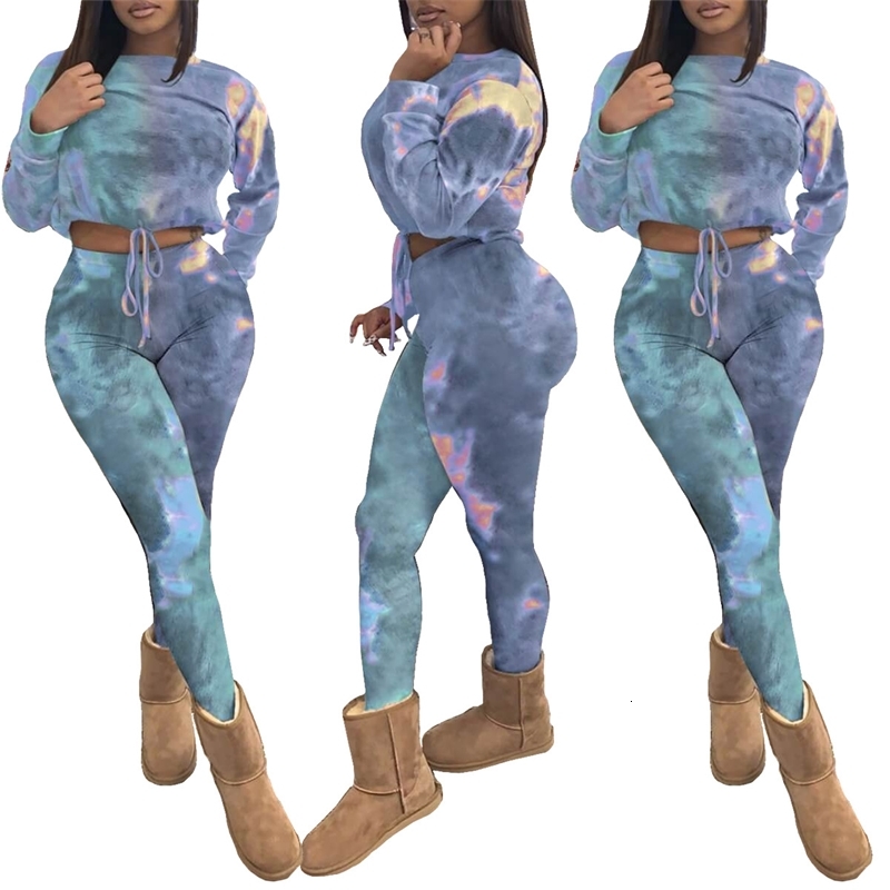 

Comfortable Home Wear Women Tracksuits With Tie-Dye Printing Autumn Casual ny Pants O-neck Crop Tops Fashion Two Piece Sets, Lavender