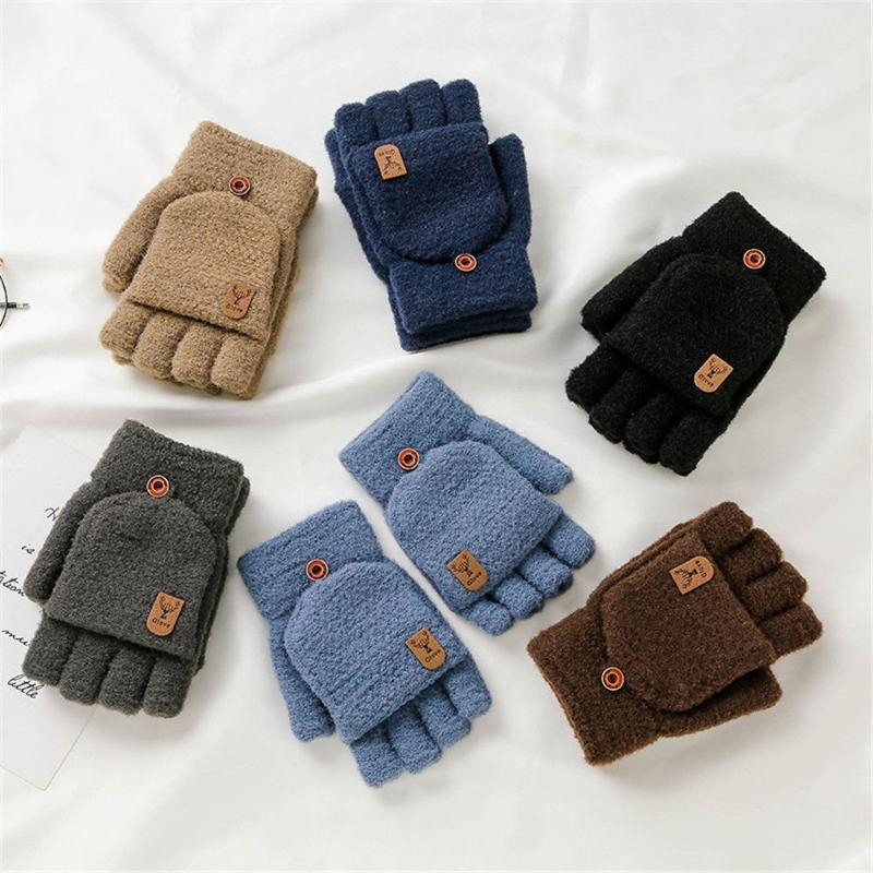 

Five Fingers Gloves Men Imitation Cashmere Knitted Winter Warm Flip Mittens Fingerless Half Finger Thicken, Blue;gray