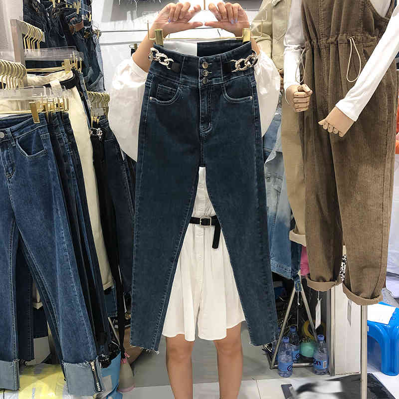 

Women's Jeans jeans high waist with gold chain, order black slim just decorative for fall VCVJ, 1# shoe box
