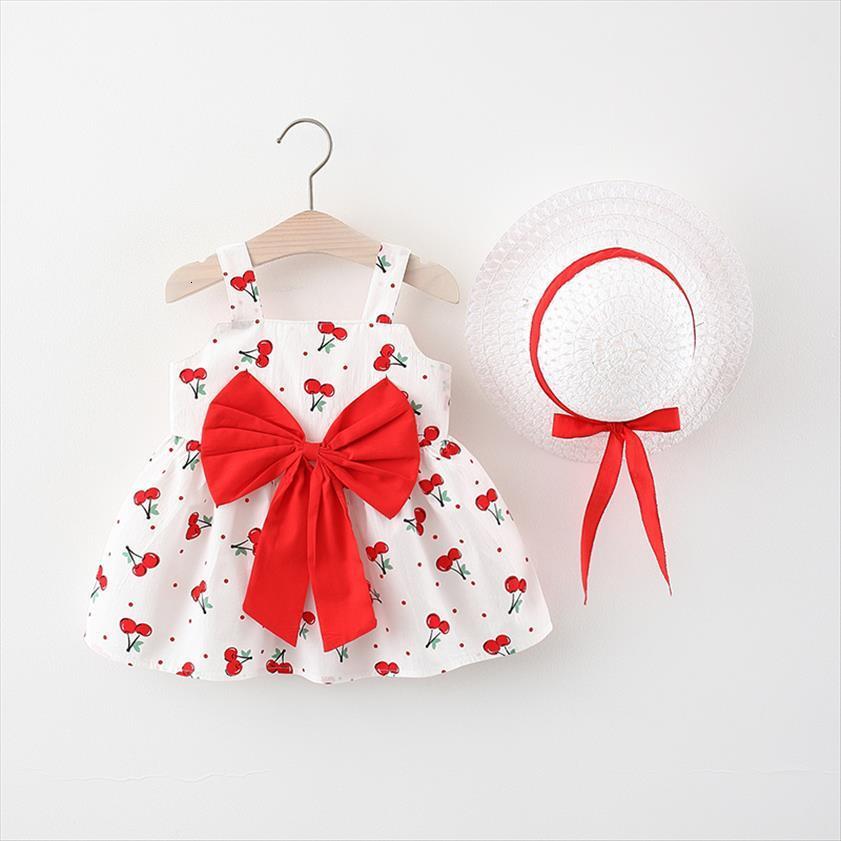 

cherry pattern baby girls girl dress summer sleeveless cotton kids birthday party fashion bow with hat, Red;yellow