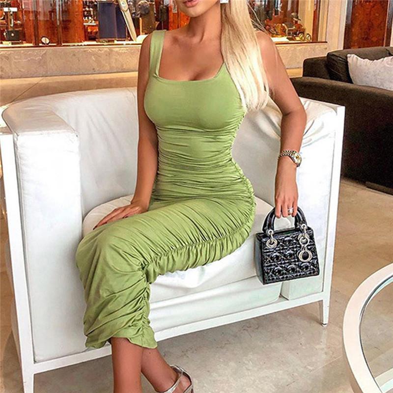

Casual Dresses 2021 Elegant Women Sexy Dress O-Neck Sleeveless Slim Maxi High Stretch Tank Robe Spring Summer Thin Long Vestidos 27, Green