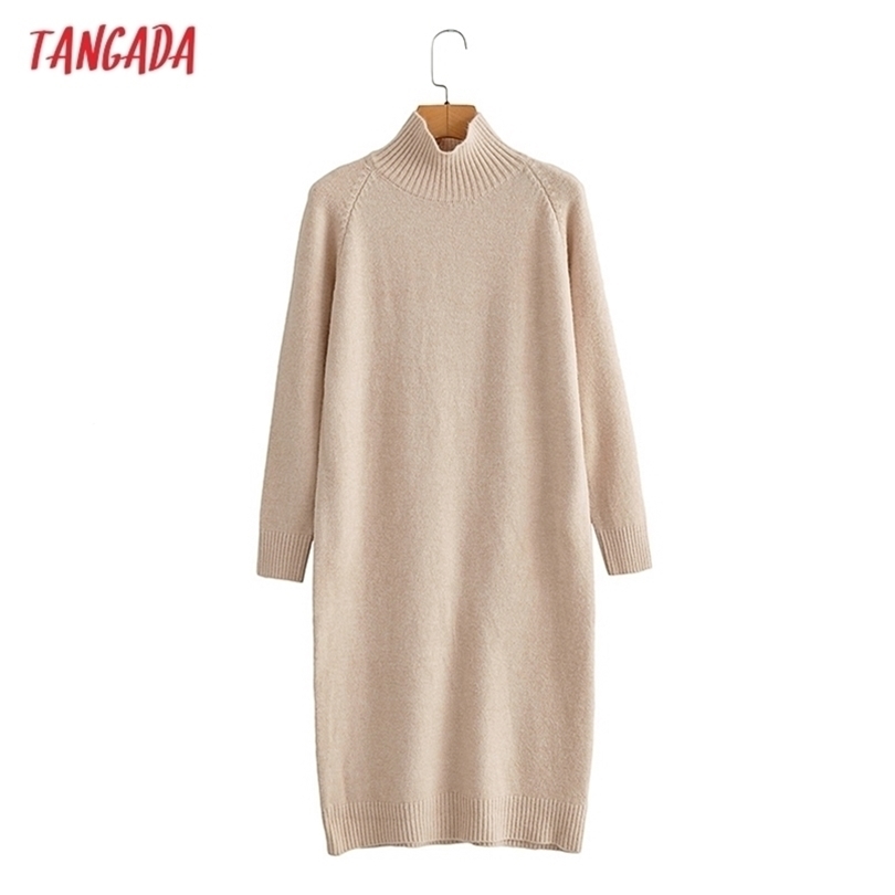 

Tangada Fashion Women Solid Beige Turtleneck Sweater Dress Warm Thick Long Sleeve Ladies Midi BC179 211109