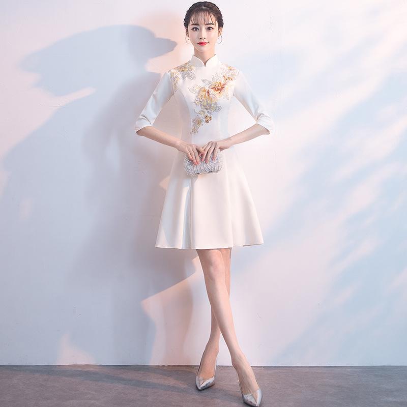 

Ethnic Clothing White Satin Elegant Chinese A-Line Dress Mandarin Collar Women Novelty Banquet Gown Sexy Slim Mini Evening Party Dresses