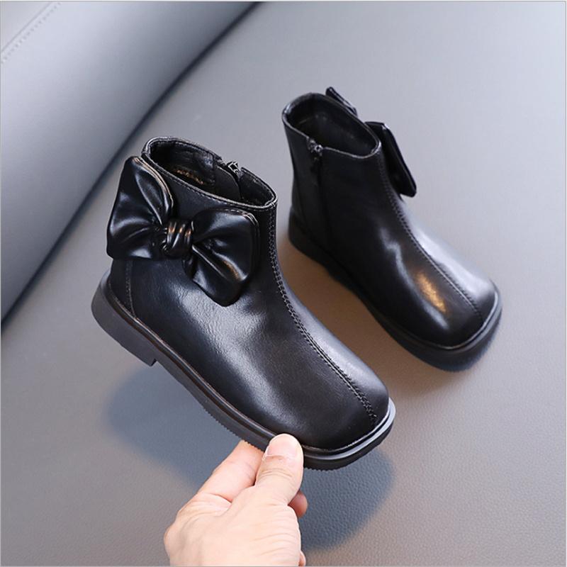 

Boots 2021 Autumn For Girls Genuine Leather Butterfly-knot Square Toe Ankle Princess Fashion Children Shoes Size 26-37, Black;grey