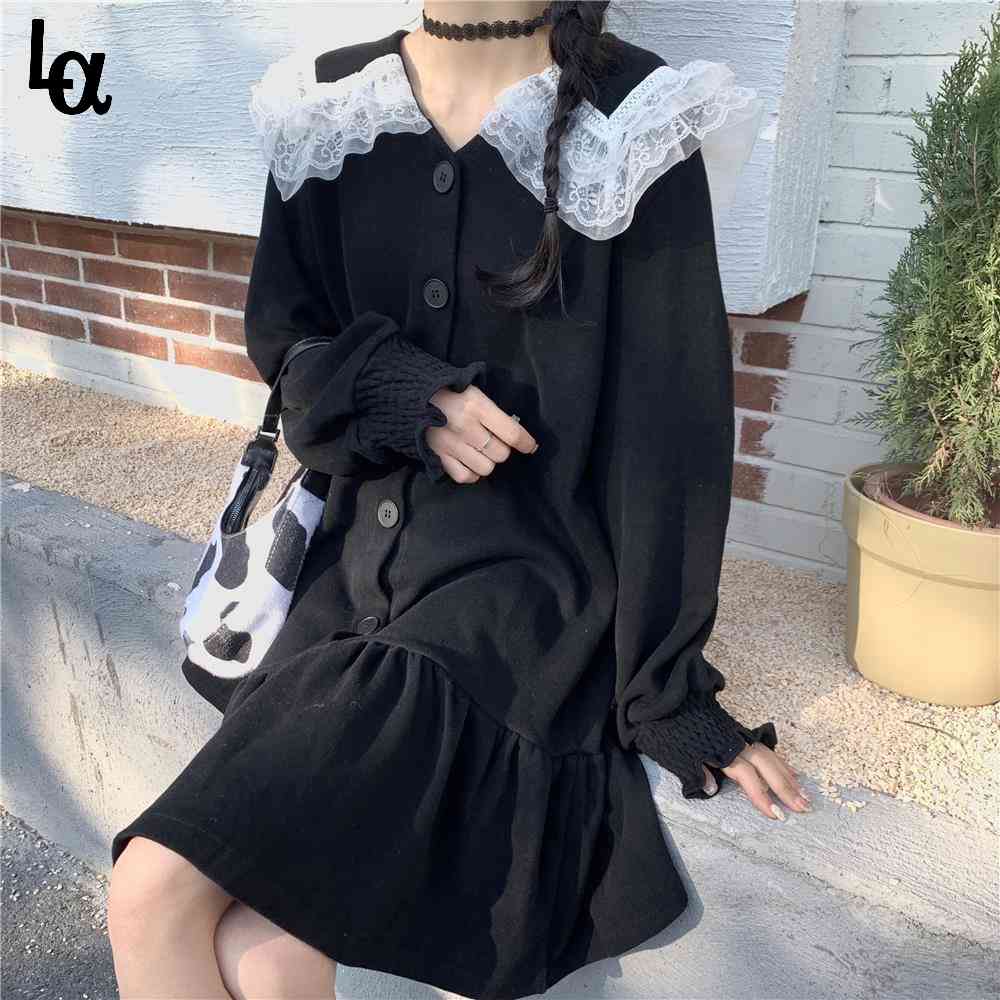 

Spring Long Sleeve Vintage Kawaii Dress Korean Casual Sweet Elegant Women Cute Lace Mini Shirt 210519, Apricot