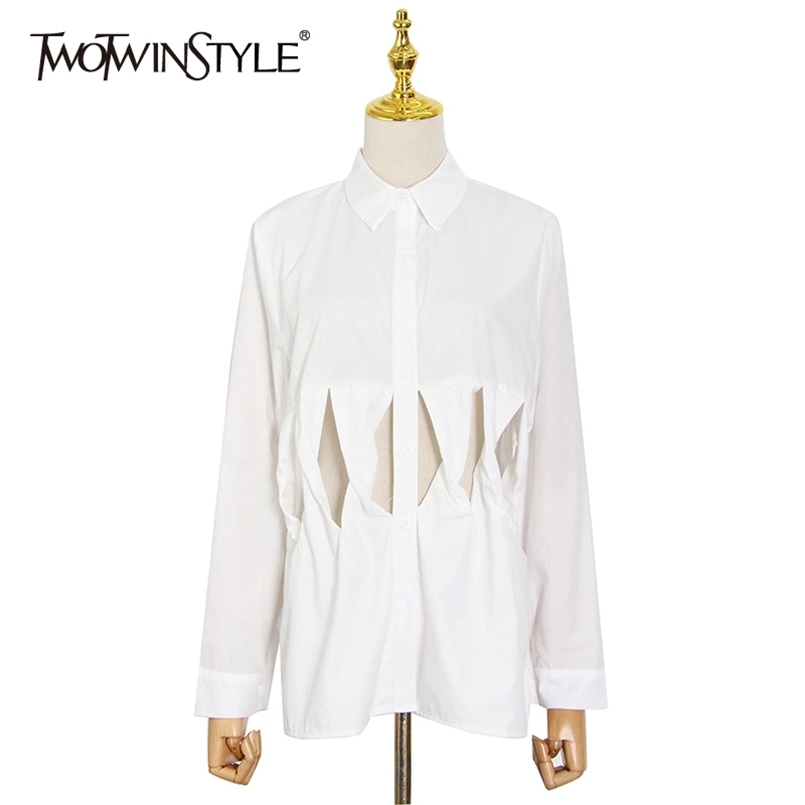 

Hollow Out Loose Shirt For Women Lapel Long Sleeve Casual White Solid Blouse Female Fashion Clothing 210524, Yellow