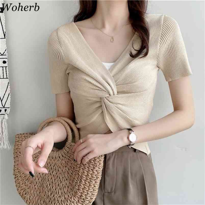

Women Thin Knitted T Shirts Chic Twisted Cross Short Sleeve Tees Summer Korean Slim Fit Pullover Crop Tops 210519, Black