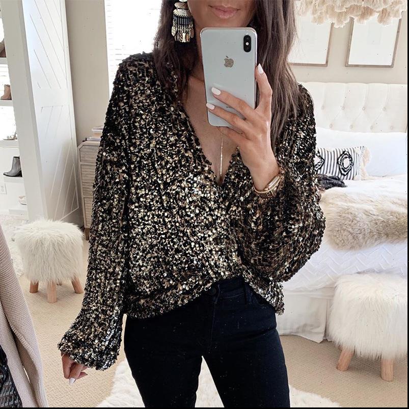 

long sleeve women blouses for sequins glitter black clubwear blouse tied deep v neck streetwear party fashion, White