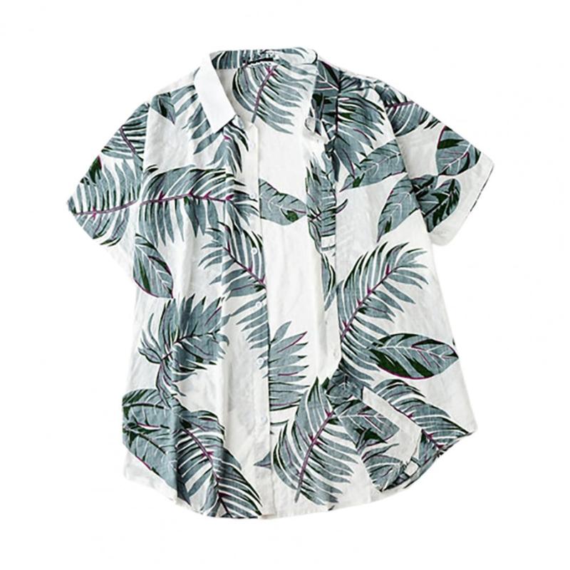 

Short-sleeved Hawaiian Shirt Men Autumn Loose Literary Casual Style Men' Beach Vacation Printed Tree Leaves Shirts, Green