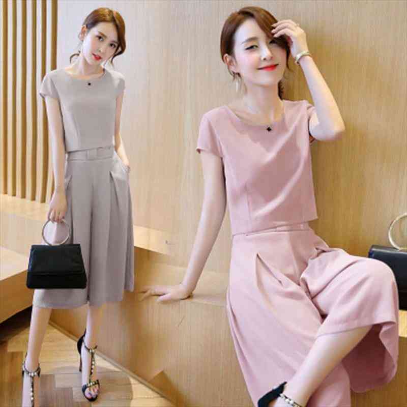 

Womens Clothing Tops Shorts 2 Piece Sets Summer Of Korean Fashion Wide Leg Skirt Pants Chiffon Temperament Office Suit, Gray