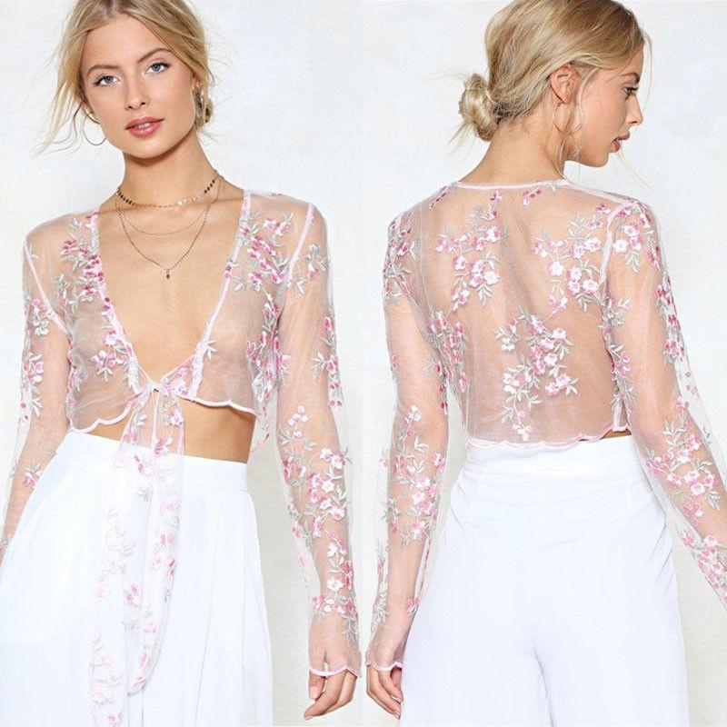 

Women's Blouses & Shirts Women Summer Charming Lace Crochet Cover Up Casual Swimwear Long Sleeve Beachwear Ladies Girls Clothes, White