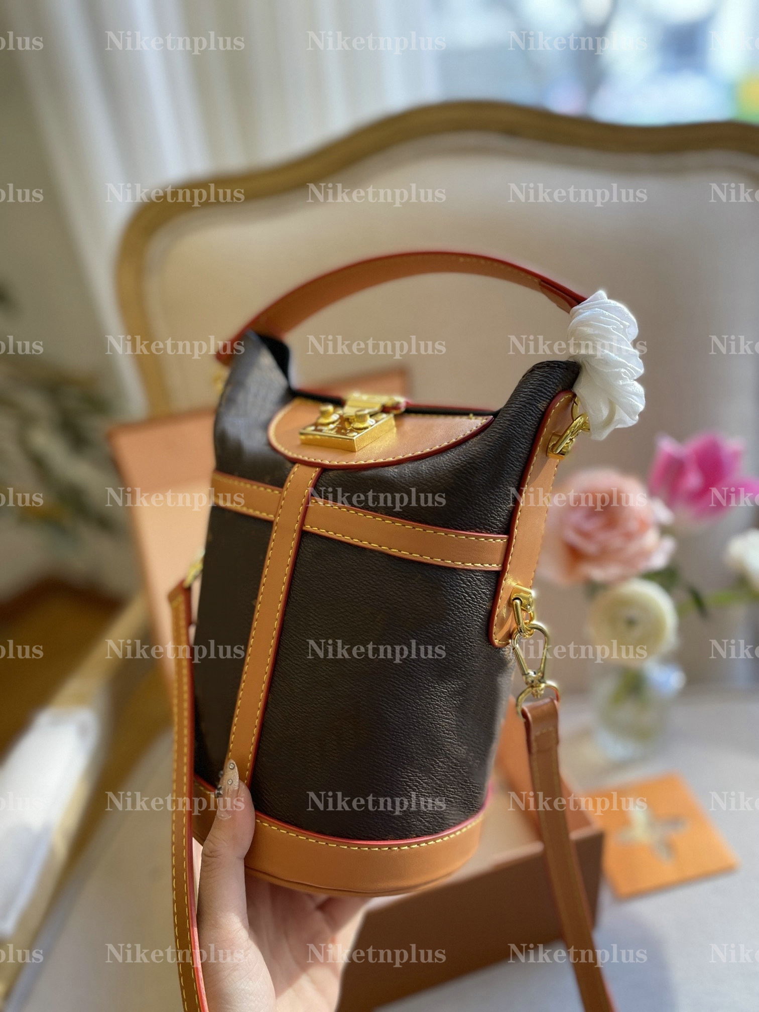 

M43587 DUFFLE bags mini totes handbag women Natural cowhide leather S-lock clasp bucket shoulder bag purse cross-body messenger bag, #1