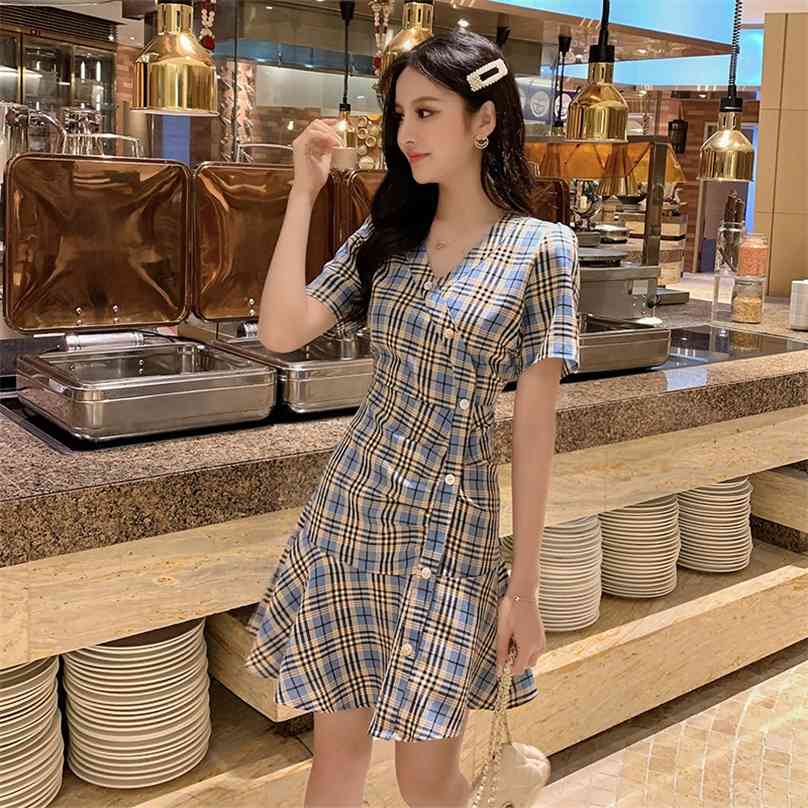 

Plaid Dress for women Summer short v neck Line Ladies vestido sexy Dresses 210602, Blue