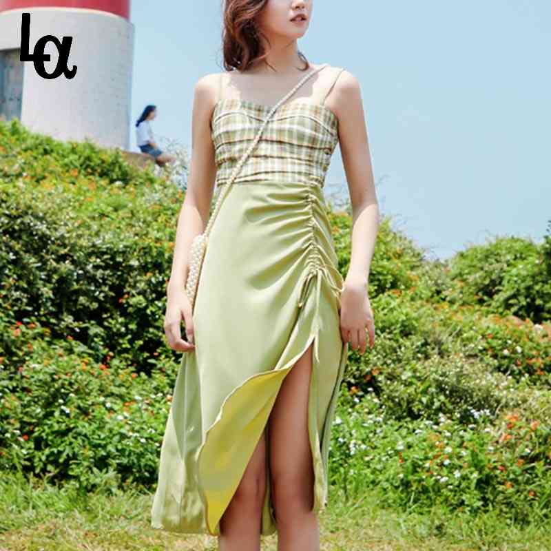 

Summer Green Strap Dress Women Sweet Designer Chic Sexy Split Plaid Ruffles Midi Chiffon Beach 210519