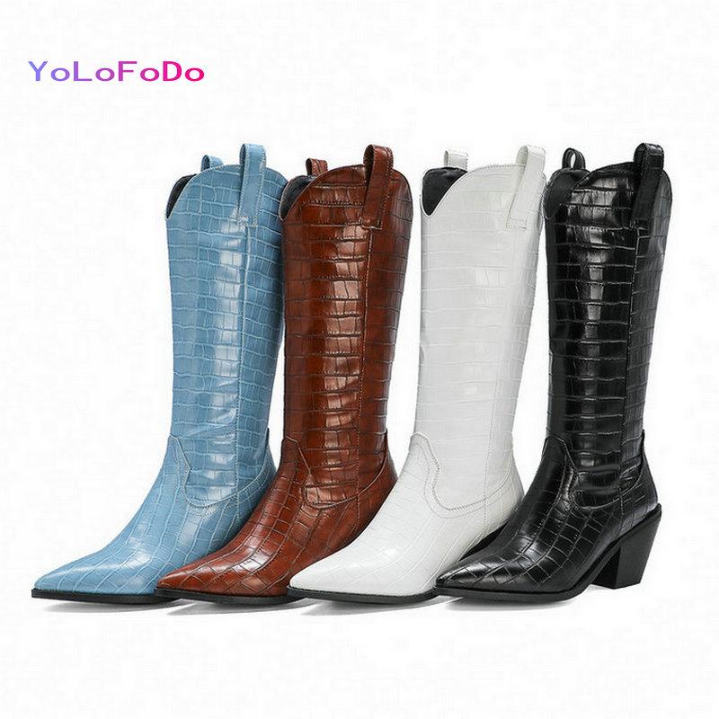 

Boots 2021 Women Western Patent Leather Ladies Knee High Fashion Pointed Toe Square Heel Calf Black Blue White Brown