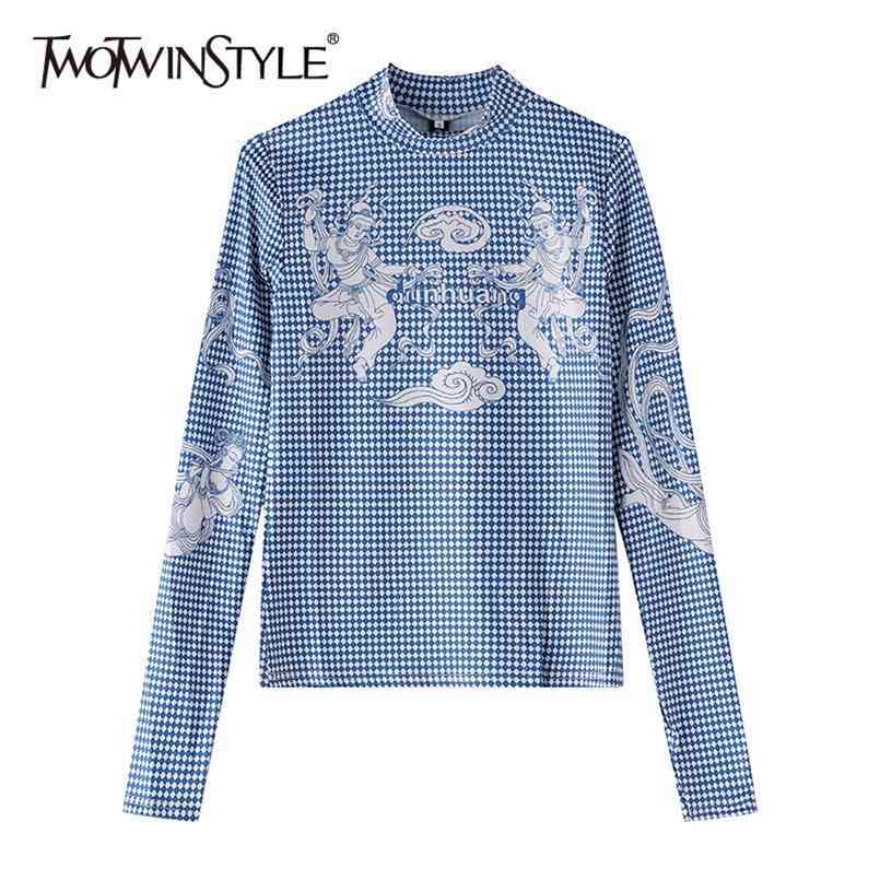 

TWOWINSYLE Print Plaid Shirt For Women urtleneck Long Sleeve Casual Slim Vintage Shirts Female Fashion Clothing 210524, As picture