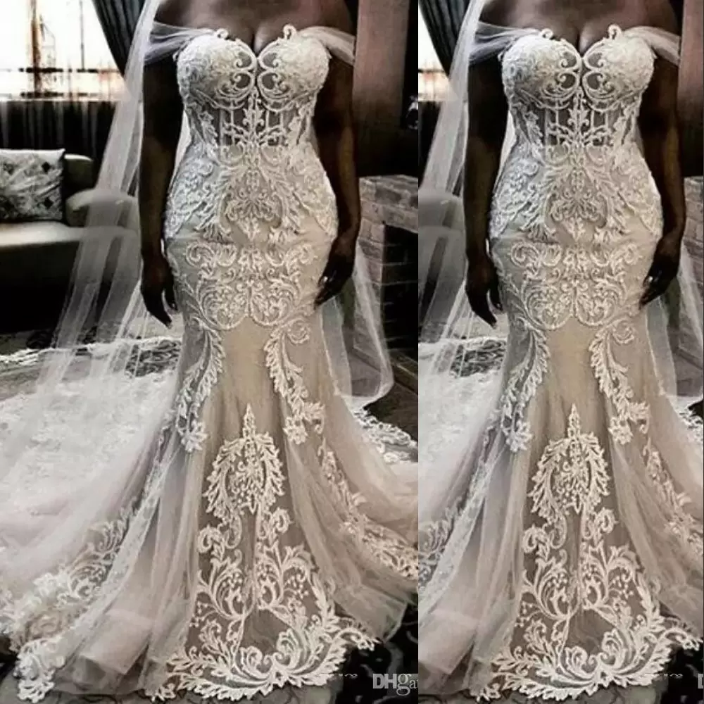 

Gorgeous Mermaid Wedding Dresses Bridal Gown 2022 Chapel Train Lace Applique Beaded Off the Shoulder Covered Buttons Back Custom Made Plus Size vestido de novia, Beige