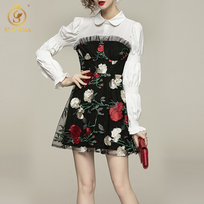 

Women Floral Embroidery Mesh Patchwork Summer Dress Ladies Flare Long Sleeve Shirt Dresses Vestidos 210520, Photo color