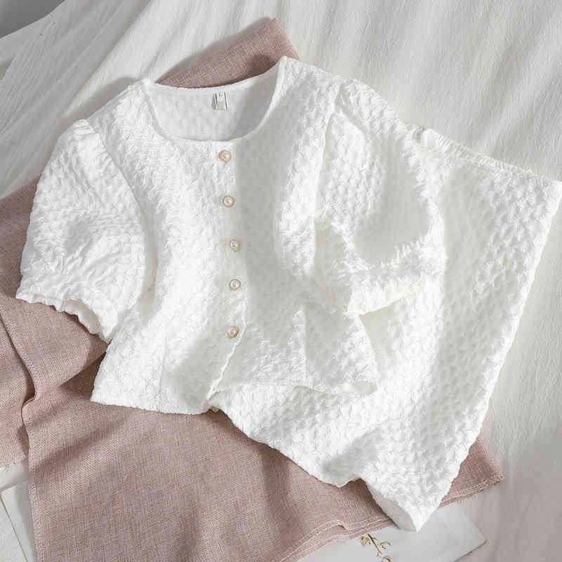 

Summer Fashion Casual Thi Breasted Puff Sleeve Short Top + High Waist A-line Buttock Skirt Two Piece Suit SK041 210525, White