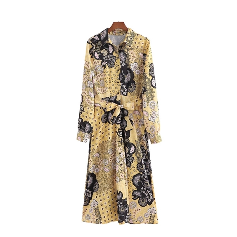 

PUWD Vinatge Woman Printed Sashes Chiffon Long Dress Spring Fashion Ladies Chinese Style Dresses Female Chic Holiday Dress 210524, Yellow printed