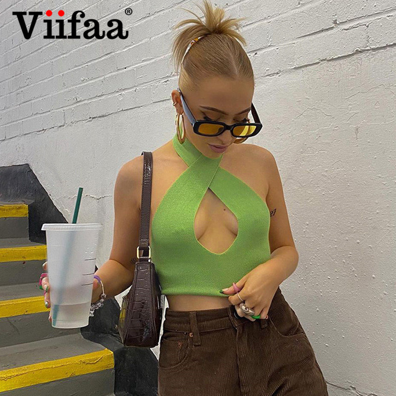 

Viifaa Green Knit Sweater Vest Criss Cross Halter Ne Baless Summer Crop Tank Tops Women Sexy Club Wear Stretchy Tophigh quality, Black