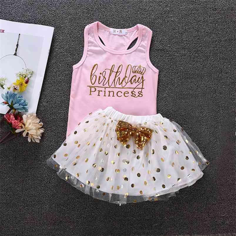 

Summer Children Sets Fashion Sleeveless O Neck Letter Tops Gold Bow Dot Mesh Skirt Casual 2Pcs Girls Clothes 1-7T 210629, Pink