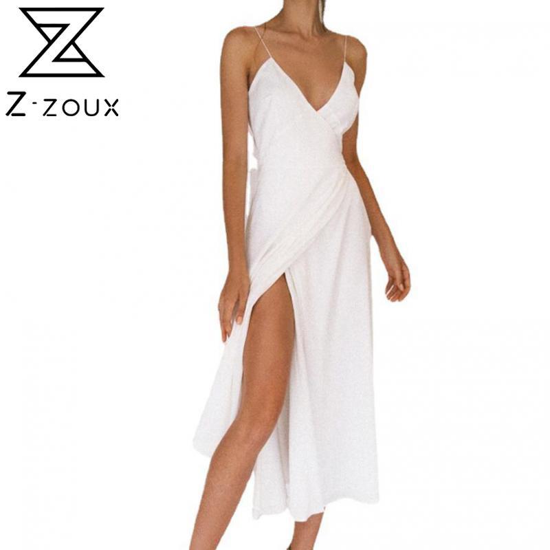 

Women Dress V-neck Sleeveless Spaghetti Strap White Dresses Plus Size Sexy Split Long Party 210524