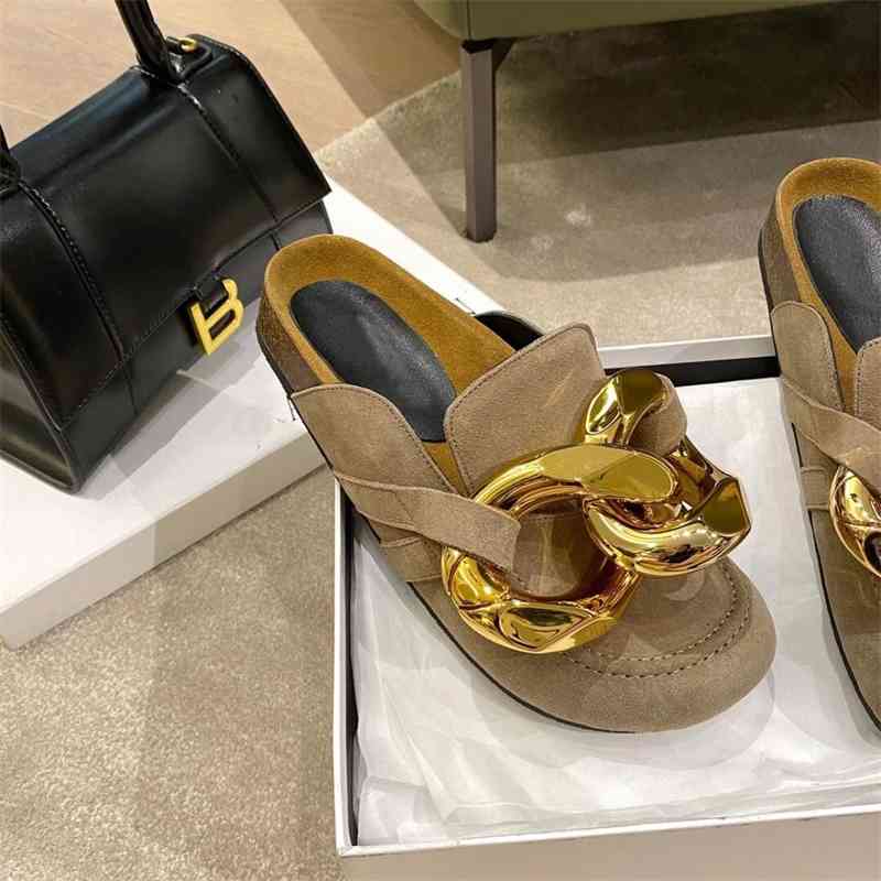 

Summer Closed Toe Slippers New Suede Leather Clogs Sandals For Women Garden Clog Slides Chain Designer Shoes Mules Zapatos 210324, Blue