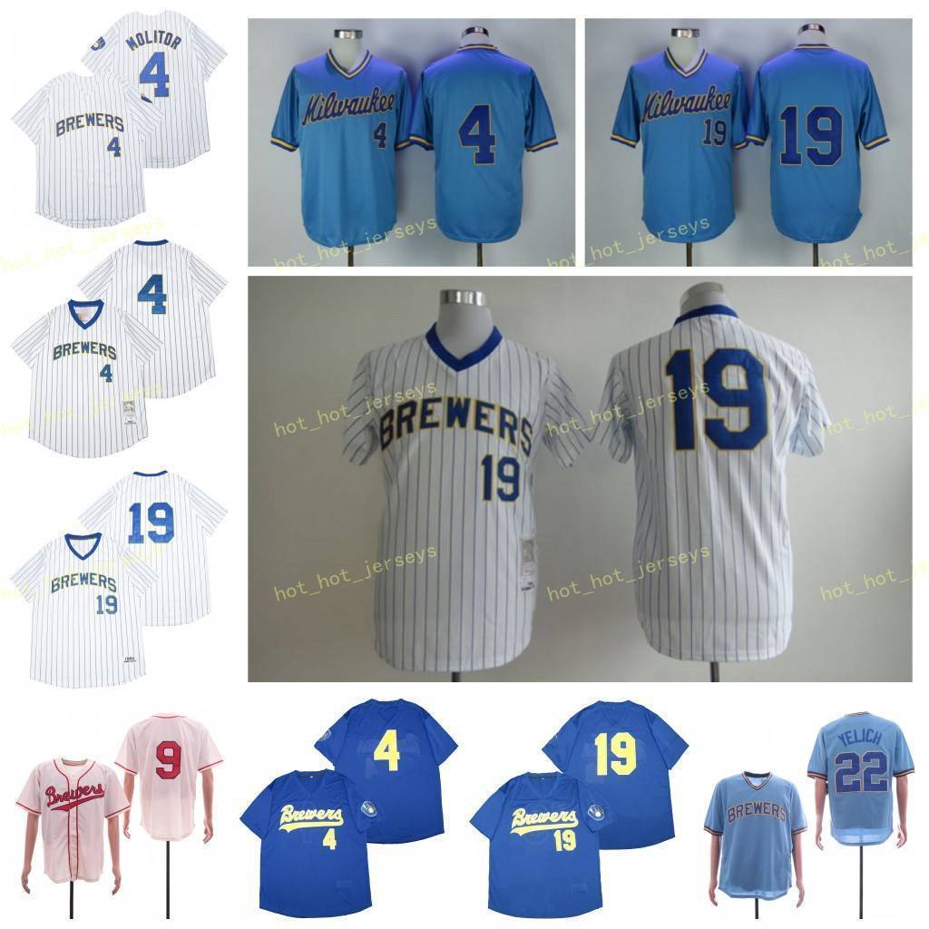 

Retired 4 Paul Molitor Baseball Jersey 19 Robin Yount 22 Christian Yelich 1948 Vintage Retro Cooperstown Mesh Stitched Pullover, Blue;black