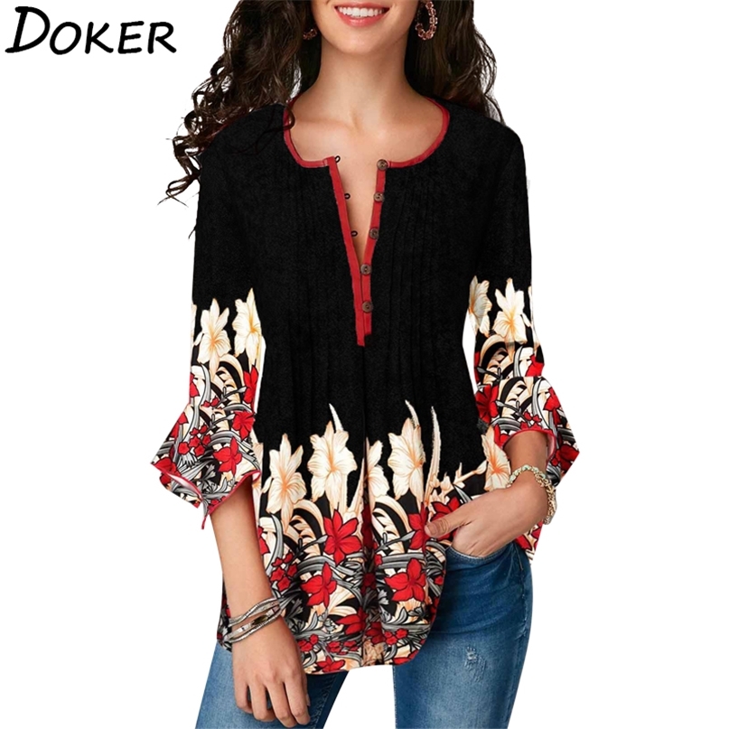 

Summer Print Blouse Women Cloting O-neck 3/4 Sleeve Shirts Ladies Casual Loose Plus Size Tops For 210603, Burgundy