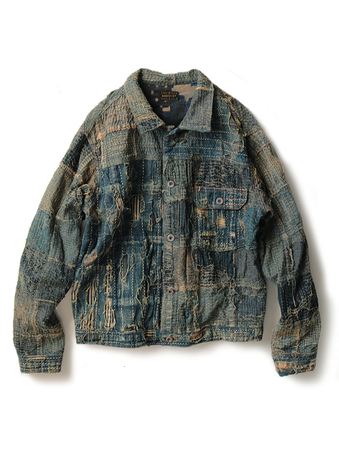 

kapital fashion american worn-out blue dye erosion jacket splicing damage wind heavy industry high-end denim jacket, Black;brown