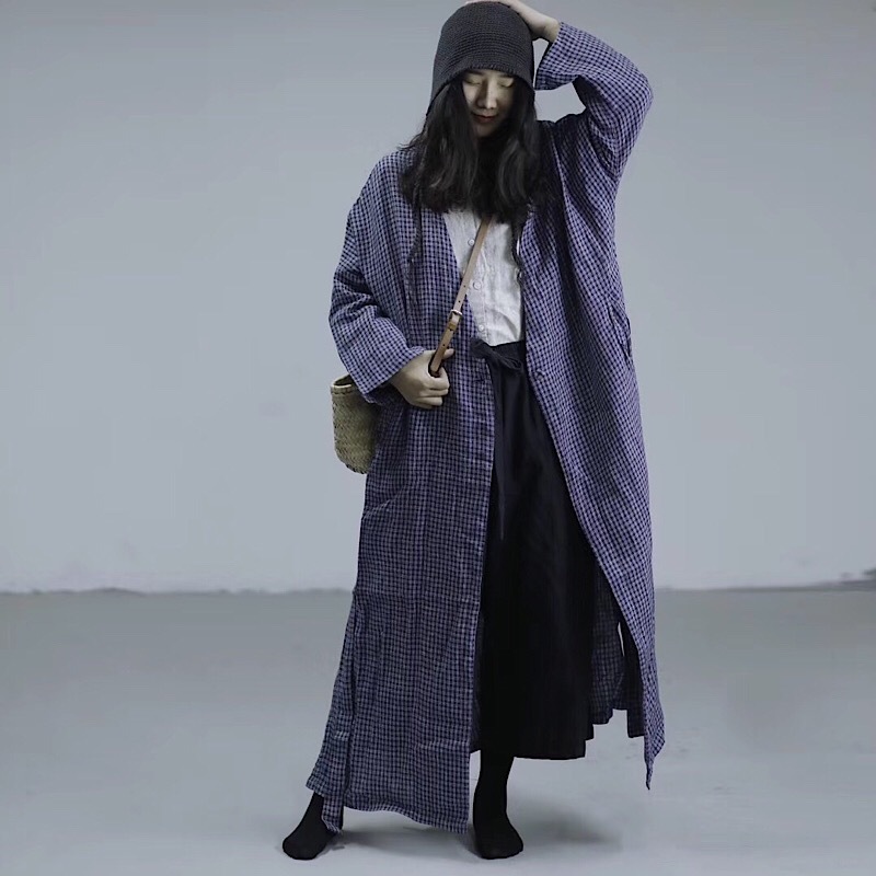 

Johnature Women Plaid Bandage Trench Vintage Loose Linen Coats Autumn Japan Style Female Clothes Chinese Style Trench 210521, Navy blue